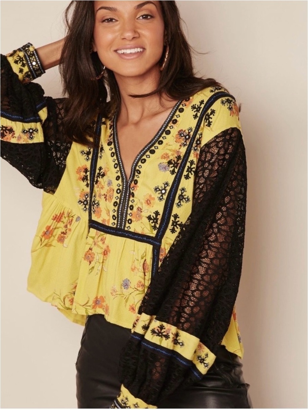 Free People Boogie All Night Top Yellow Floral Lace Peplum Size Medium